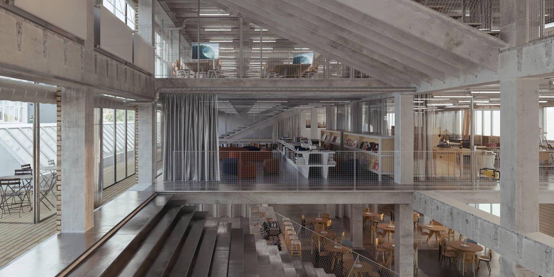 The Hive på Thoravej 29 – cirkulær nedrivning | Søndergaard Færdigt nedrivningsprojekt på The Hive på Thoravej 29, hvor Søndergaard transformerede byggematerialer til genbrug. fra loft til trapper, borde og bænke.